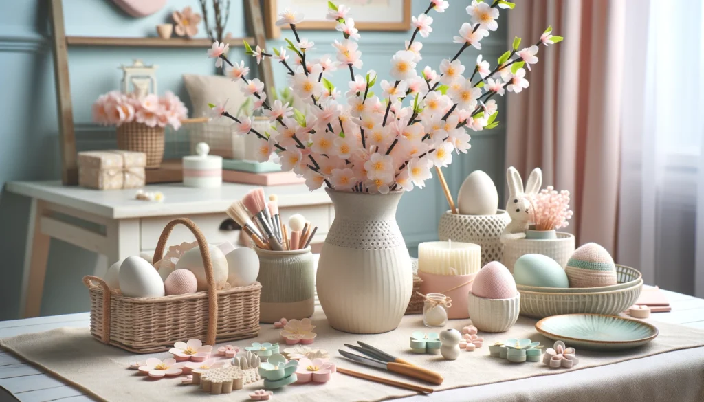 100均で見つかる桜の枝物が優雅に花瓶に配されており、その横には手作りの春色の小物など、さまざまなパステルカラーの装飾品が並んでいる