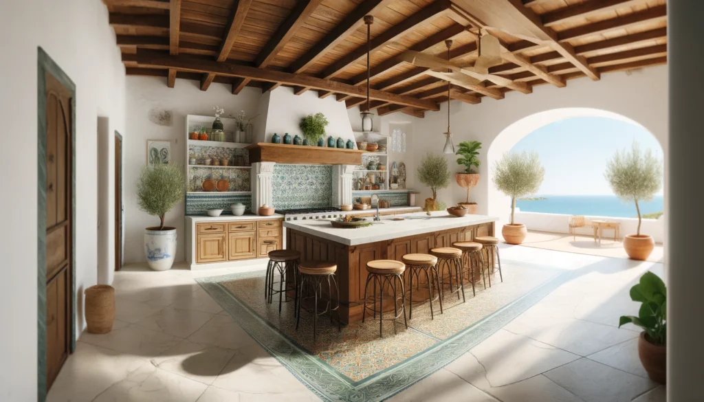 The kitchen design incorporates bright white walls with blue and green accents, terracotta floor tiles, olive wood cabinets, and iron details.