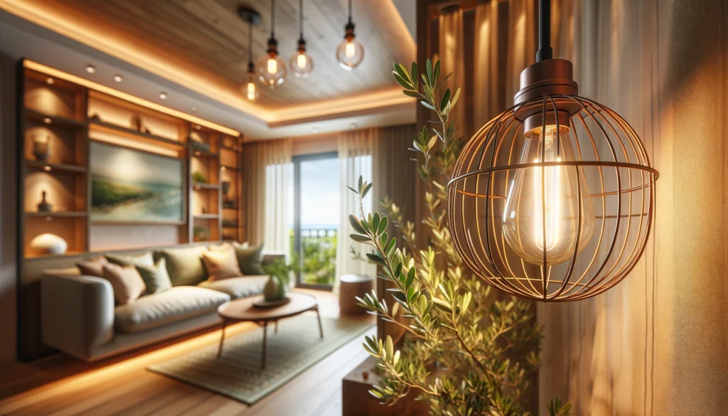  the lighting and plants in a Mediterranean-style living room. The details highlight the natural and warm aesthetic typical of Mediterranean interiors