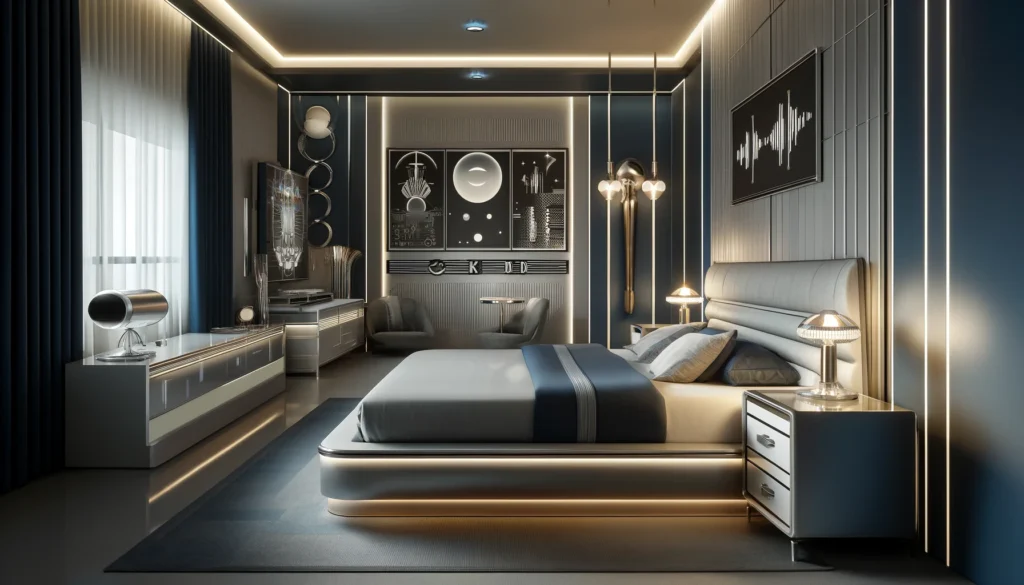 落ち着いた大人向けの雰囲気を持つレトロフューチャースタイルの寝室。深い青、グレー、シルバーの色調でまとめられ、金属的なアクセントが施されている。大きなベッドはハイテクなミニマリストのヘッドボードとメタリックなベッドフレームが特徴で、柔らかなLED照明がリラックスした雰囲気を提供