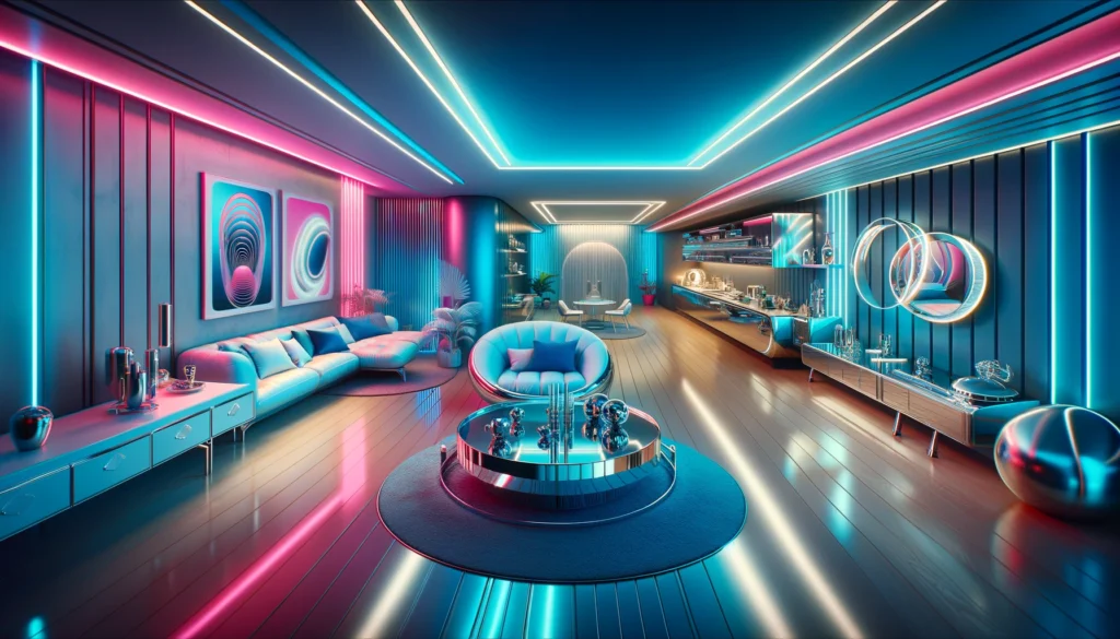 a retro-futuristic style studio apartment, highlighted with neon blue, electric pink, and silver tones, and enhanced with modern furniture and LED lighting.