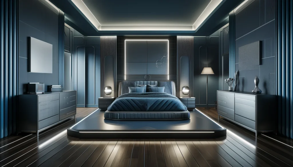  a retro-futuristic style bedroom designed to convey a sophisticated adult atmosphere with a dark color palette and metallic accents.