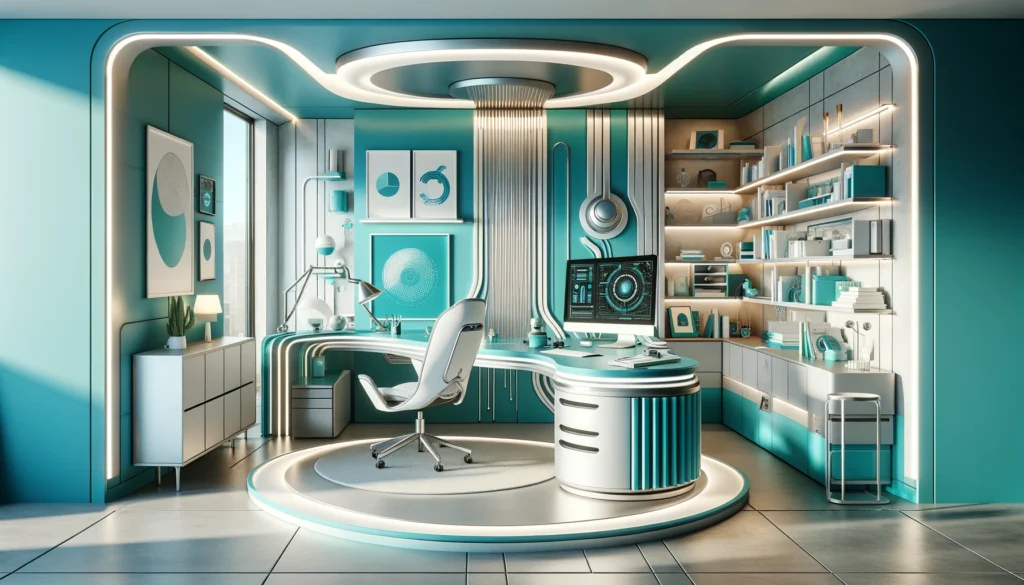 a retro-futuristic home office, designed with a vibrant color scheme and modern, ergonomic furniture to ensure comfort and functionality for daily tasks