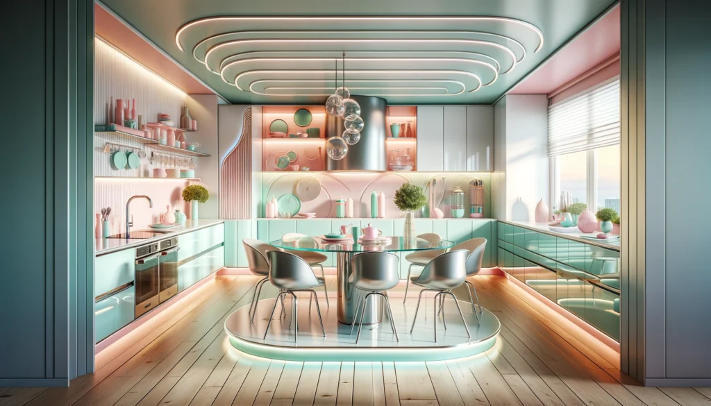 a retro-futuristic style dining kitchen, designed with a focus on female-friendly aesthetics, soft pastel colors, and modern elements.