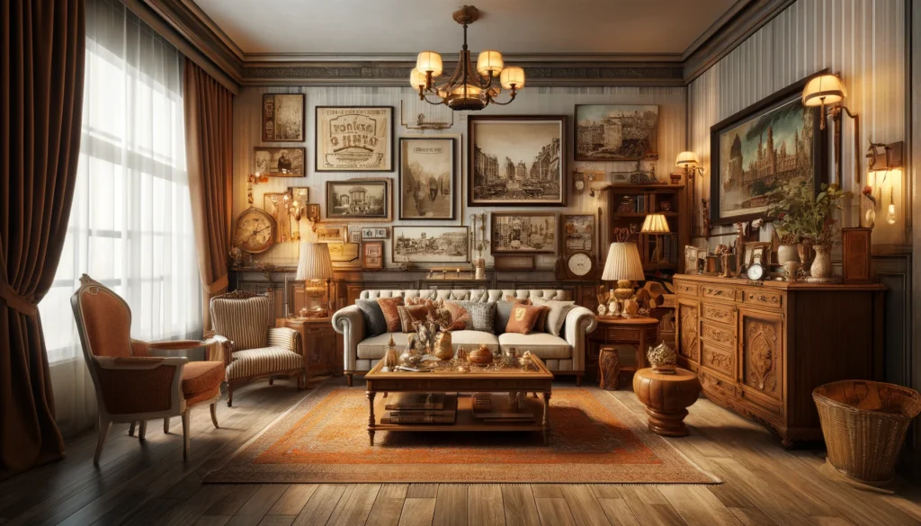 古典的な家具と装飾的な照明が特徴のビンテージレトロスタイルのリビングルーム