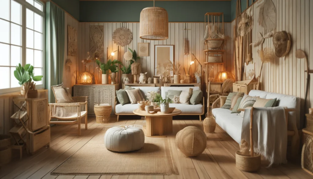 リサイクル素材の家具と自然素材の装飾が特徴のエコレトロスタイルのリビングルーム