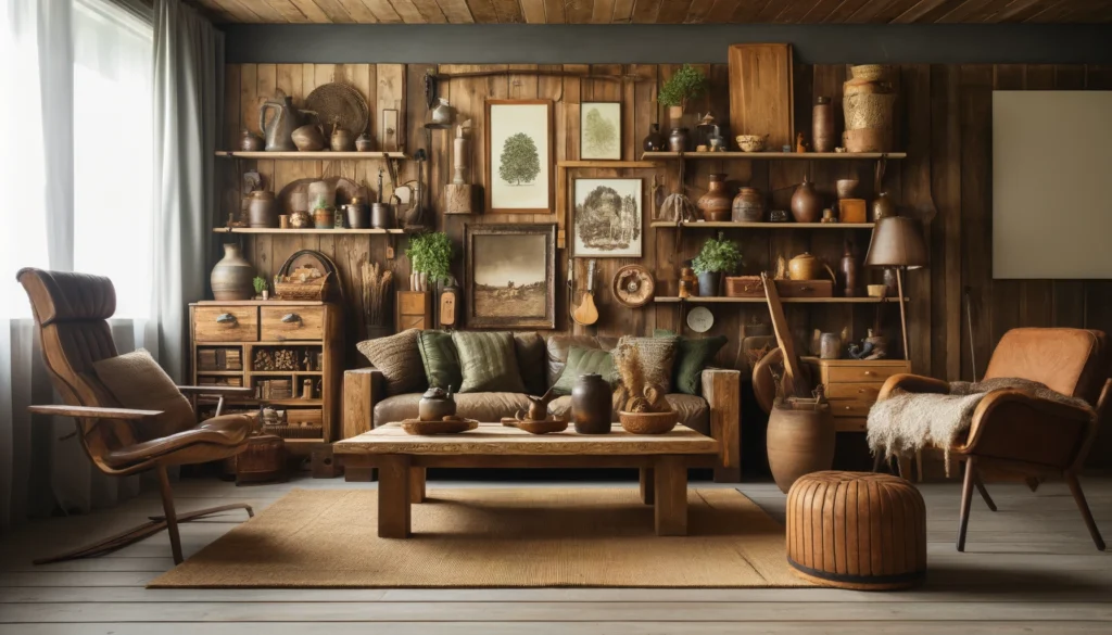 素朴な木材と手作りの家具が特徴のルスティックレトロスタイルのリビングルーム