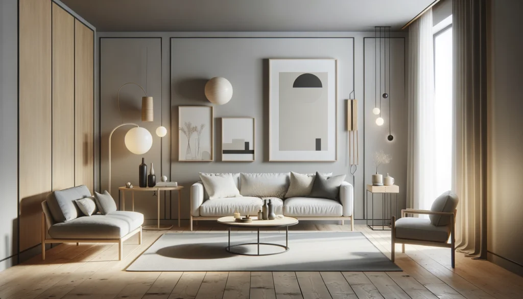 シンプルで機能的な家具が特徴のミニマルレトロスタイルのリビングルーム