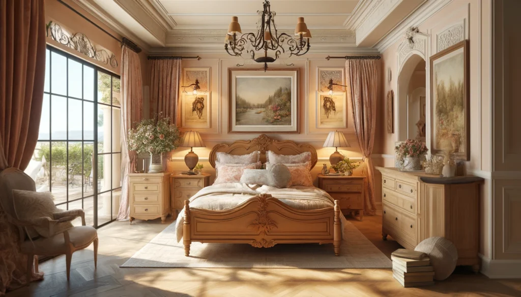 French Country style bedroom designed to evoke the warmth and natural beauty of the French countryside