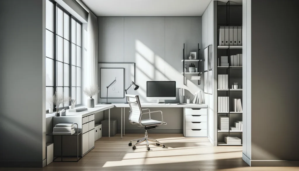 The home office is designed to be clean and uncluttered, with minimal furniture and a large window allowing abundant natural light. It features a neutral color palette and a touch of personal style through minimalist art.