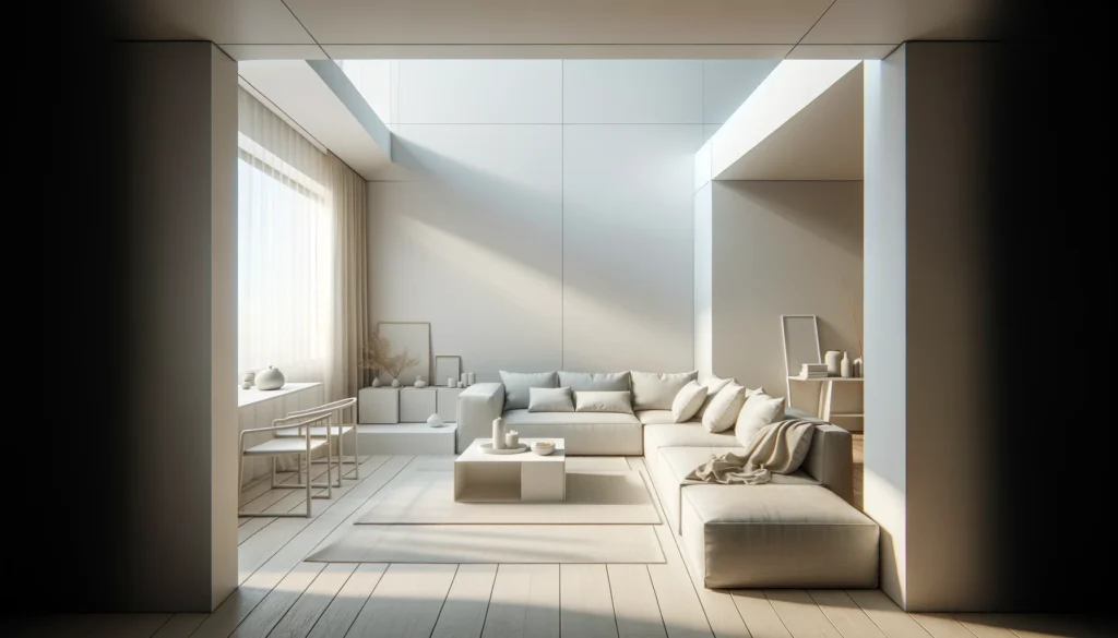 This image captures a minimalist living room from one corner to another, featuring a clean and uncluttered environment with natural light filling the space. The furniture is simple and functional, arranged with a neutral color palette.