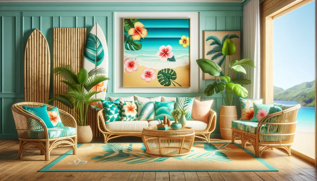 明るいトロピカルカラーのハワイアンスタイルのリビングルーム。竹やラタンの家具、ハイビスカスとモンステラの柄のクッション、大きな観葉植物、サーフボードのウォールデコレーションが配置され、リゾートのような雰囲気が漂っています