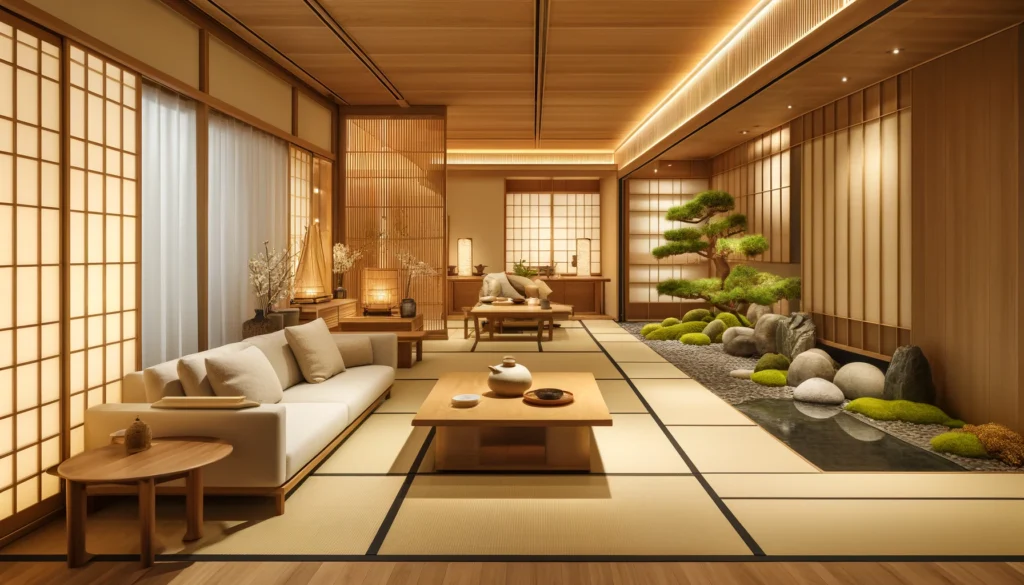 和の要素を取り入れたモダンなリビングルーム、畳、障子、桐の家具、現代的な家具との調和、小さな室内日本庭園。
