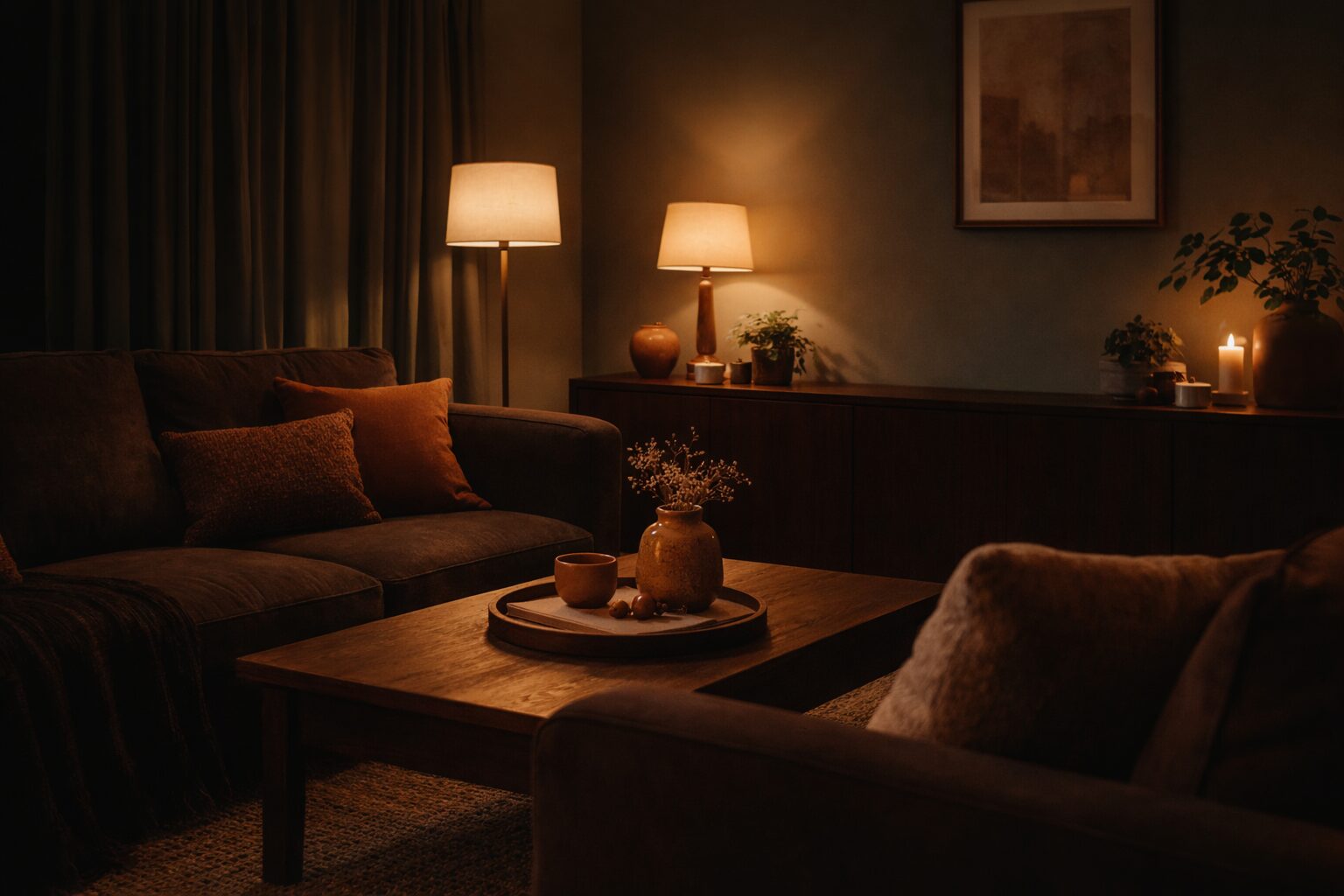 深緑とブラウン、テラコッタを暖色の間接照明でまとめたムーディーリビング