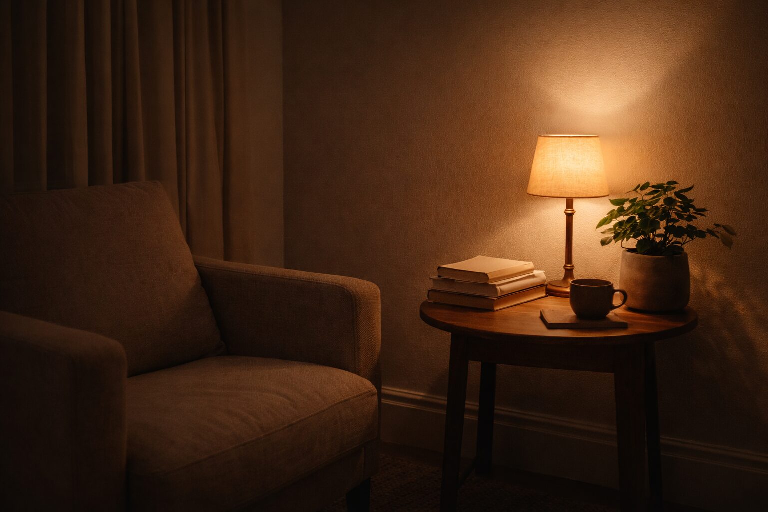 アームチェアと暖色ランプ、本と植物だけで整えたスクリーンレス読書コーナー