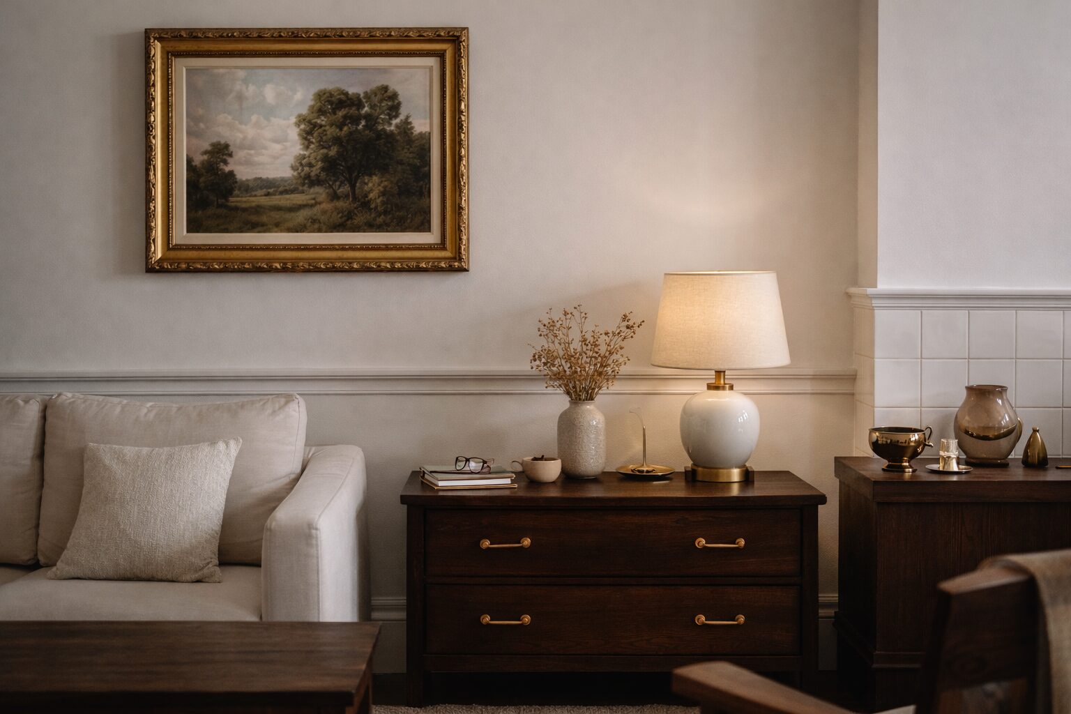 リテージ感と職人ディテールを一点投入で表現した横長ビジュアル。クラシックな額縁、真鍮の小物、控えめなモールディングを現代家具とミックスし、2026年トレンドの「物語のある空間」を伝える
