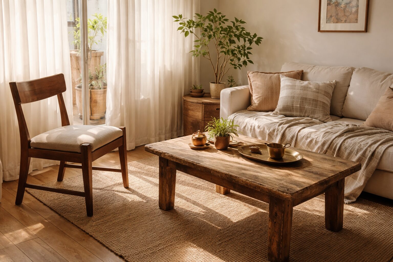 ヴィンテージ家具を直して使う「買い替えないサステナブル」を表現した横長ビジュアル。張り替えチェア、古材のテーブル、やわらかな自然光で、2026年トレンドの“育てるインテリア”をイメージできる写真。