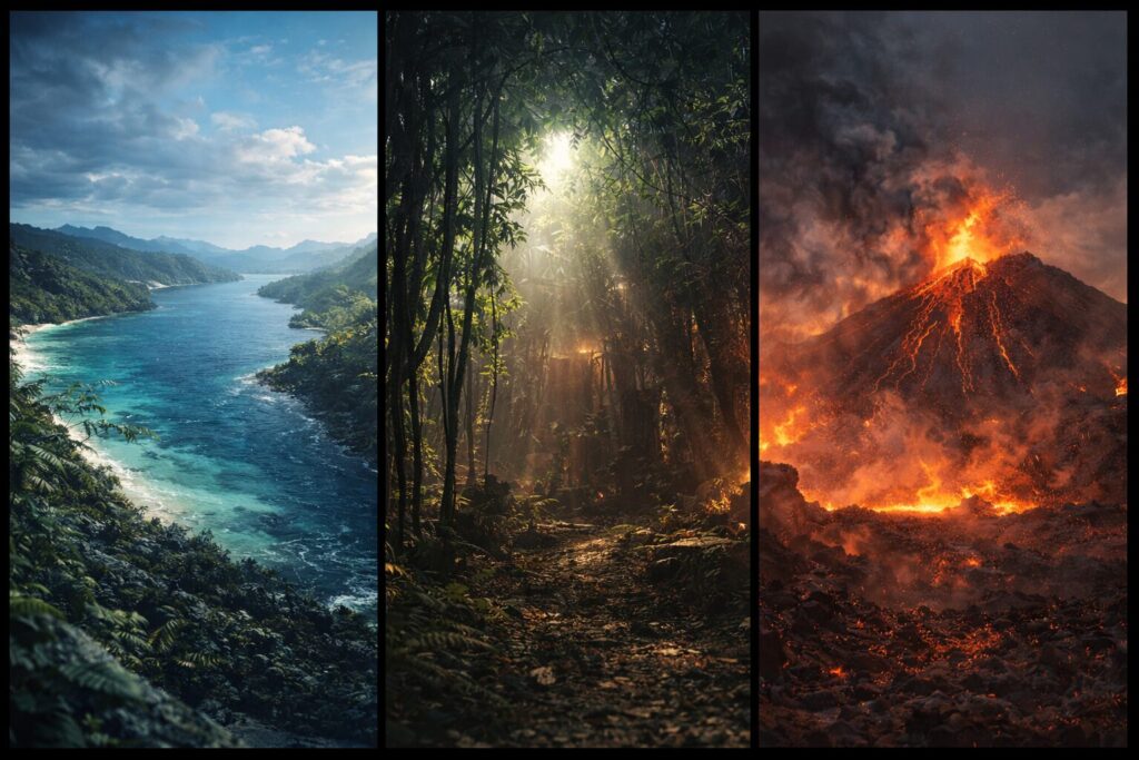 cinematic photorealistic landscape, wide 16:9, three contrasting environments in one frame, left: bright tropical ocean with sunlight penetrating water surface, center: dense jungle with deep shadows and low natural light, right: volcanic foothills with ash-filled air and muted sky, no text, no symbols, no characters, high realism, natural lighting, cinematic color grading