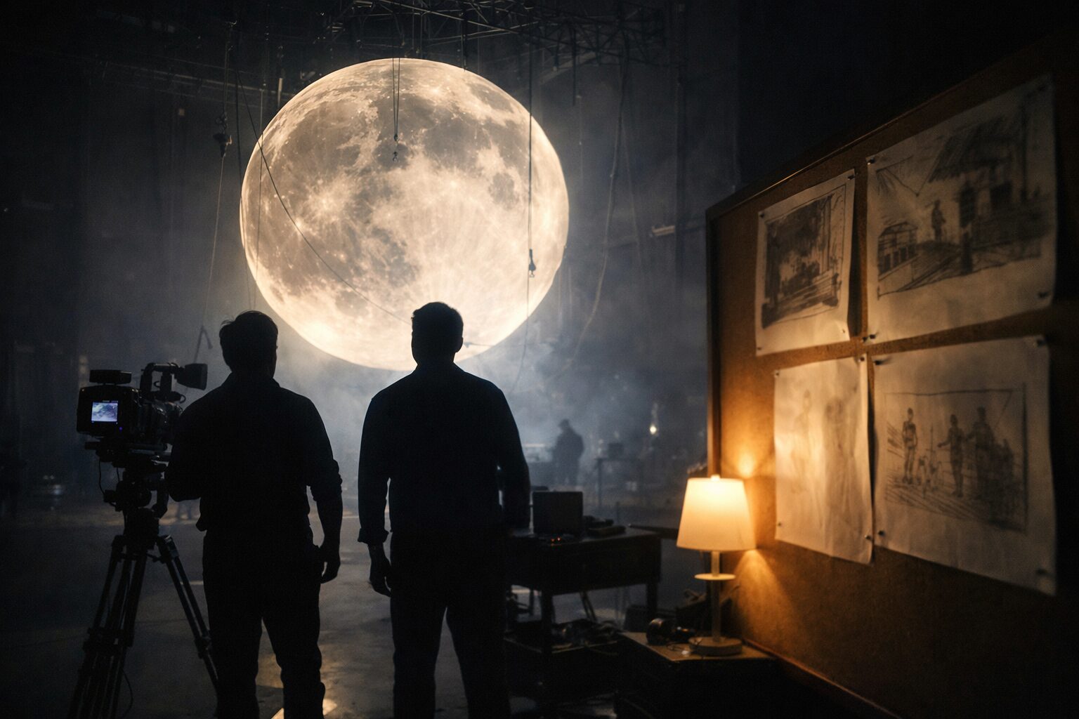 スタジオ撮影現場で巨大な月のプロップが吊られ、カメラ機材とスタッフのシルエット、壁のイメージスケッチが写る写真