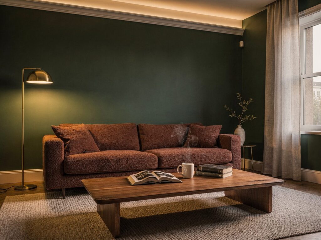 フォレストグリーンの壁を背景に、オーク無垢材のローテーブルとテラコッタ色のソファを配置したアースカラーのリビング