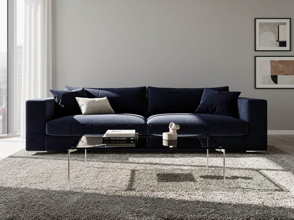 ウォールナットのベッドフレームに深いプラム色のベッドスローを掛け、真鍮のスタンドライトを配置したホテルライクな寝室