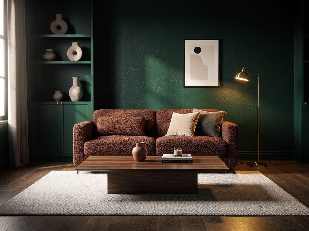 ウォールナット材の家具と深いグリーンの壁紙の部屋に、柔らかな窓からの光と電球色の間接照明を取り入れた陰影が美しいリビング