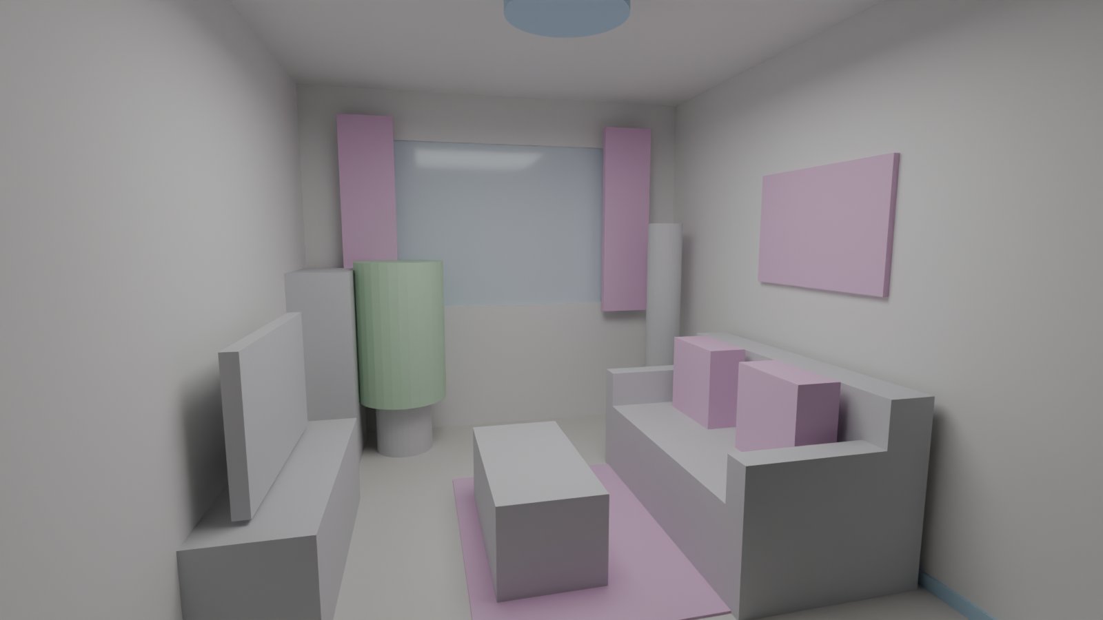 家具を灰色、布をピンク、天井照明と巾木を青で示した6畳のリビングの3D模型